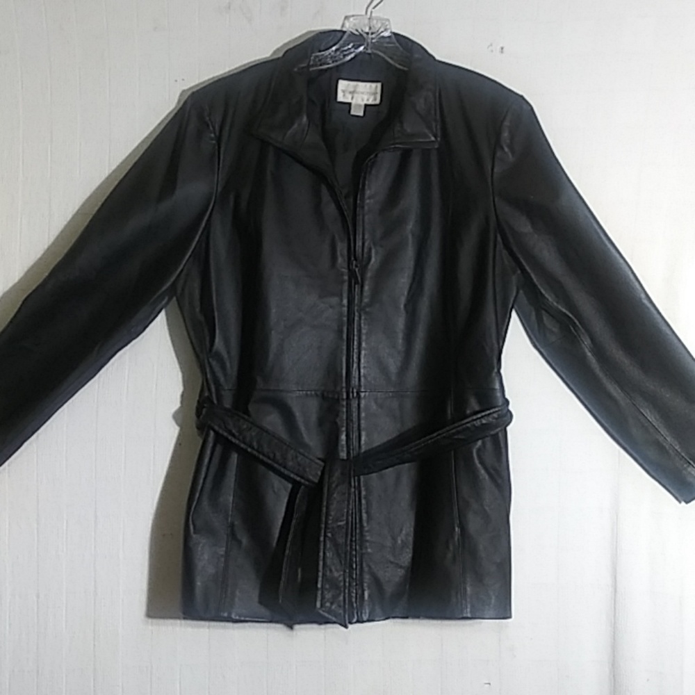 Super cute belted leather coat